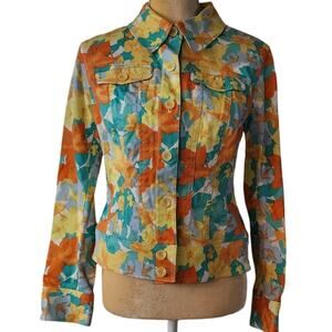 Nicole Miller Multicolor Floral Denim Jean Style Button Up Jacket